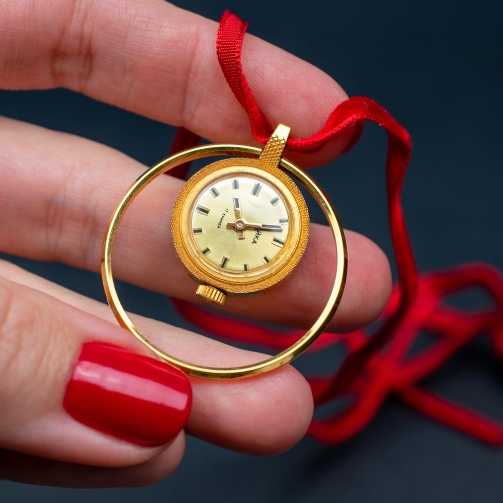 Gold watch pendant necklace for women, accent elegant vintage medallion choker